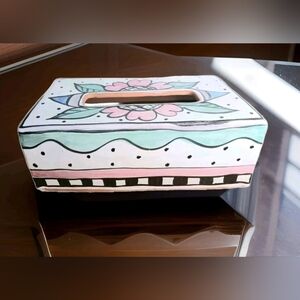 Lynn Wilkes Armstrong Dallas Pottery TerraCotta Floral Tissue Box 1992 Rare Find